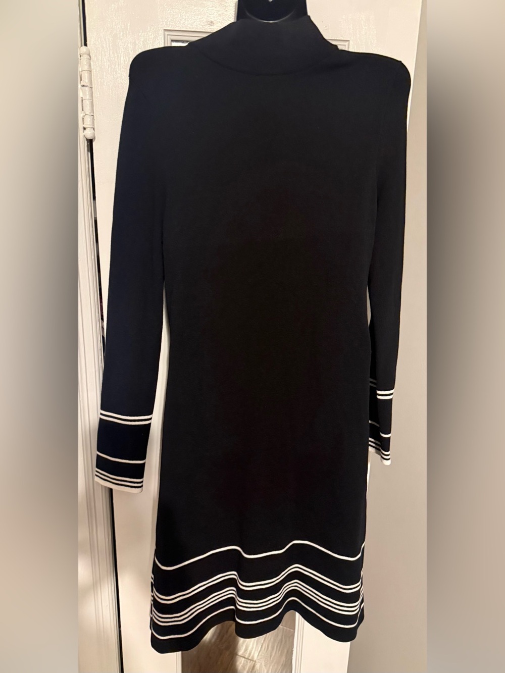 Ann Taylor Black White Striped Trim Mock Neck Sweater Dress Gold Buttons Medium - Picture 5 of 7